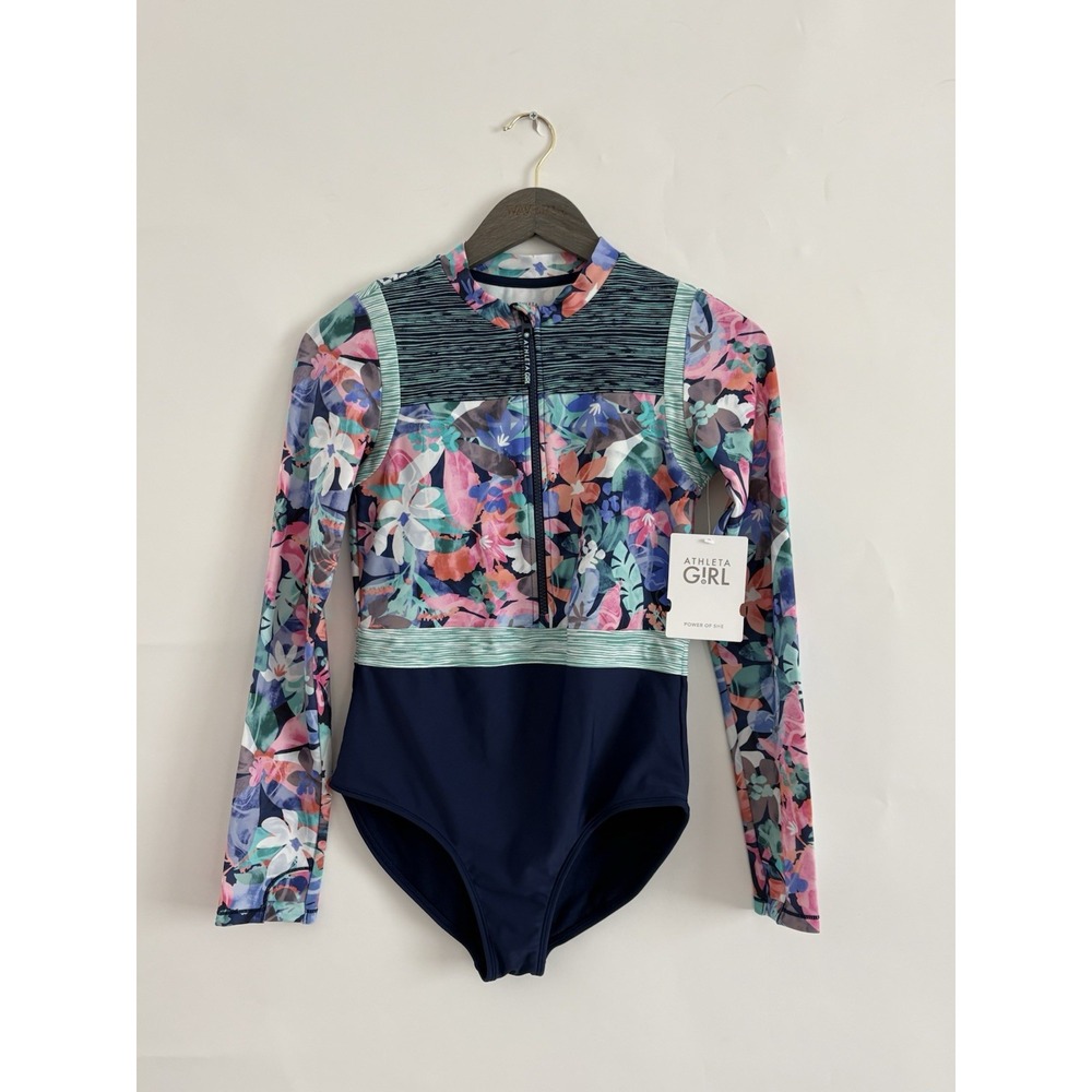 Athleta Girl Girls Sz XXL 16 Long Sleeve One Piece Swimsuit Zip Up Floral Print